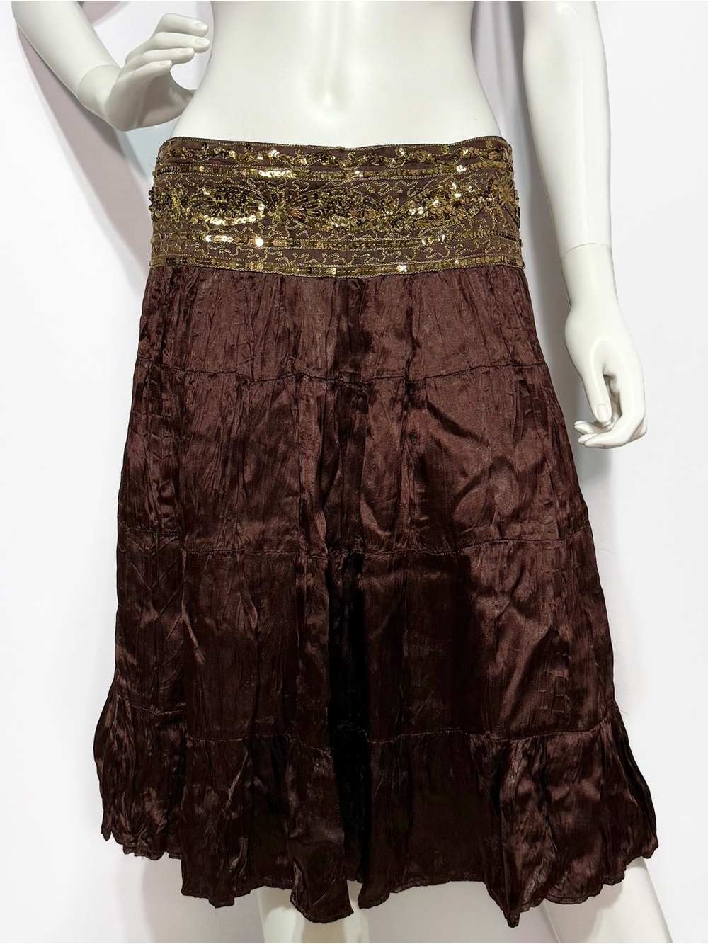 NWT Vintage Cache bohemian brown & gold sequin embellished midi skirt Size 4